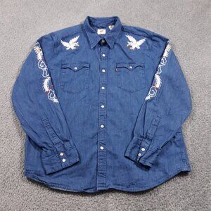 Levi's Denim Jean Shirt Mens XL Embroidered Eagle Dragon Pearl Snap